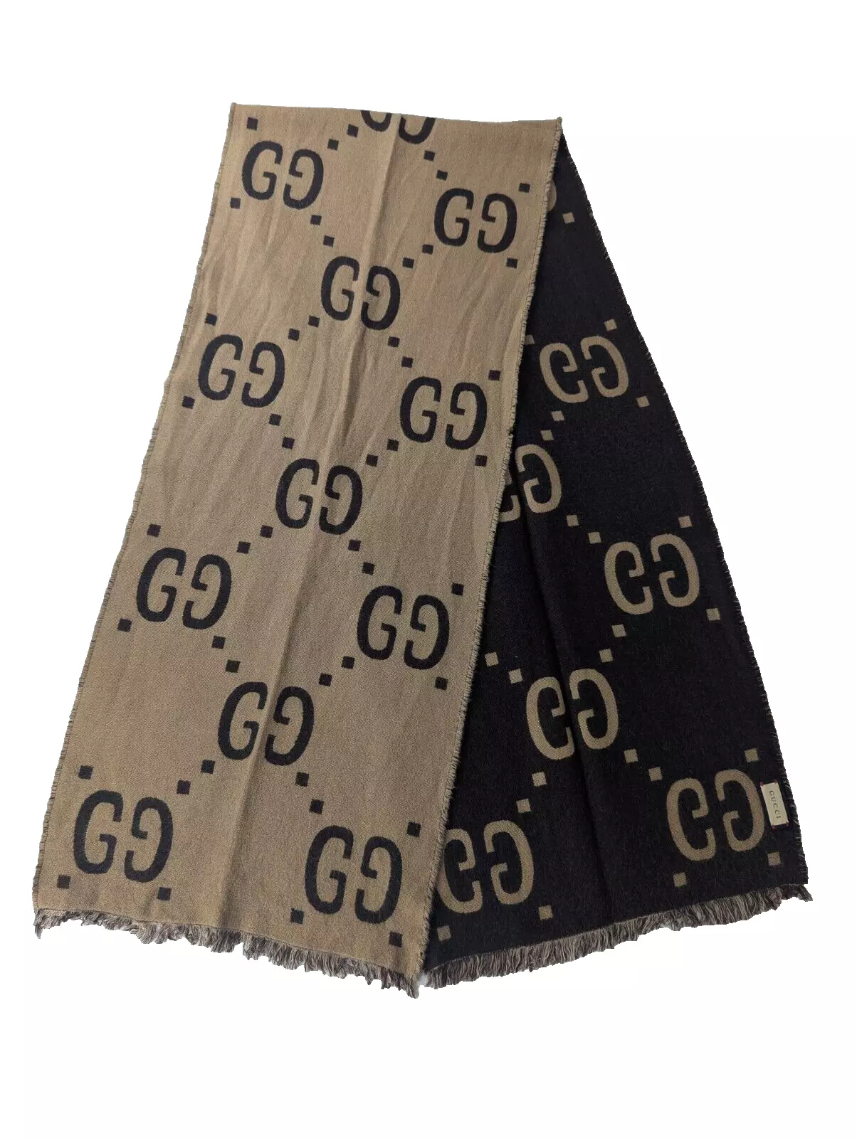 Foulard Gucci Jacquard GG motif monogramme laine soie marron/beige fabriqué en Italie.
