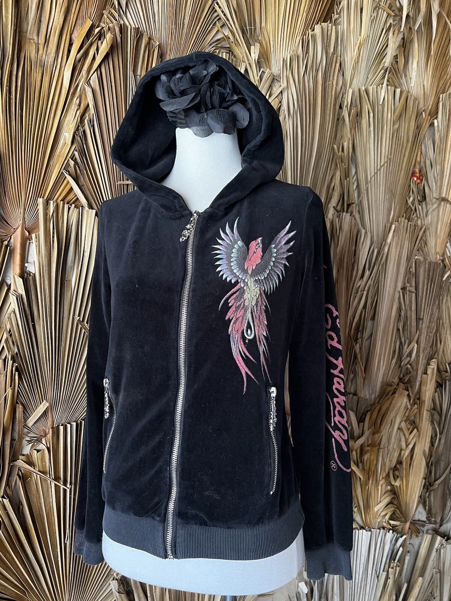 Ed Hardy By Christian Audigier Vintage y2k Zip Hoodie Black Velour Large Bird