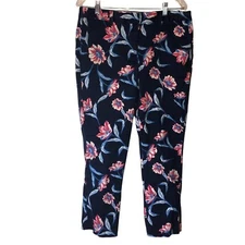 Lands End Womens Mid Rise Straight Leg Floral Pants Size 12 Cotton dBlue