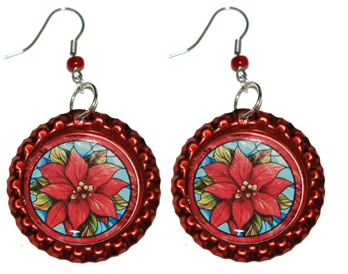 Christmas Poinsettia Bottle Cap Pierced or Clip on Dangle Earrings (CAP039) - Picture 2 of 3