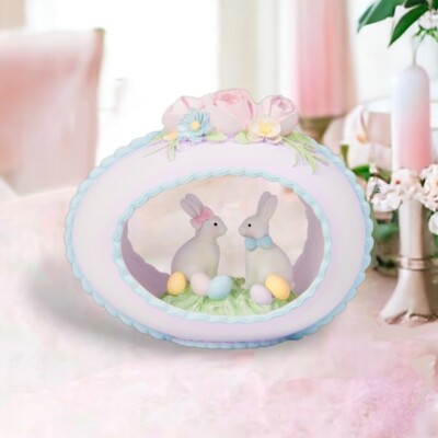 Lavender Resin Sugar Shell Easter Egg with bunnies figurine, Dec Diamonds NWT