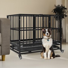 36" Metal Dog Crate Heavy Duty Kennel Folding Cage with Wheels  Tray Black