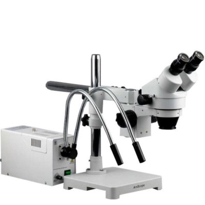 AmScope 7X-45X Stereo Zoom Microscope Boom + Fiber Optic Gooseneck Light
