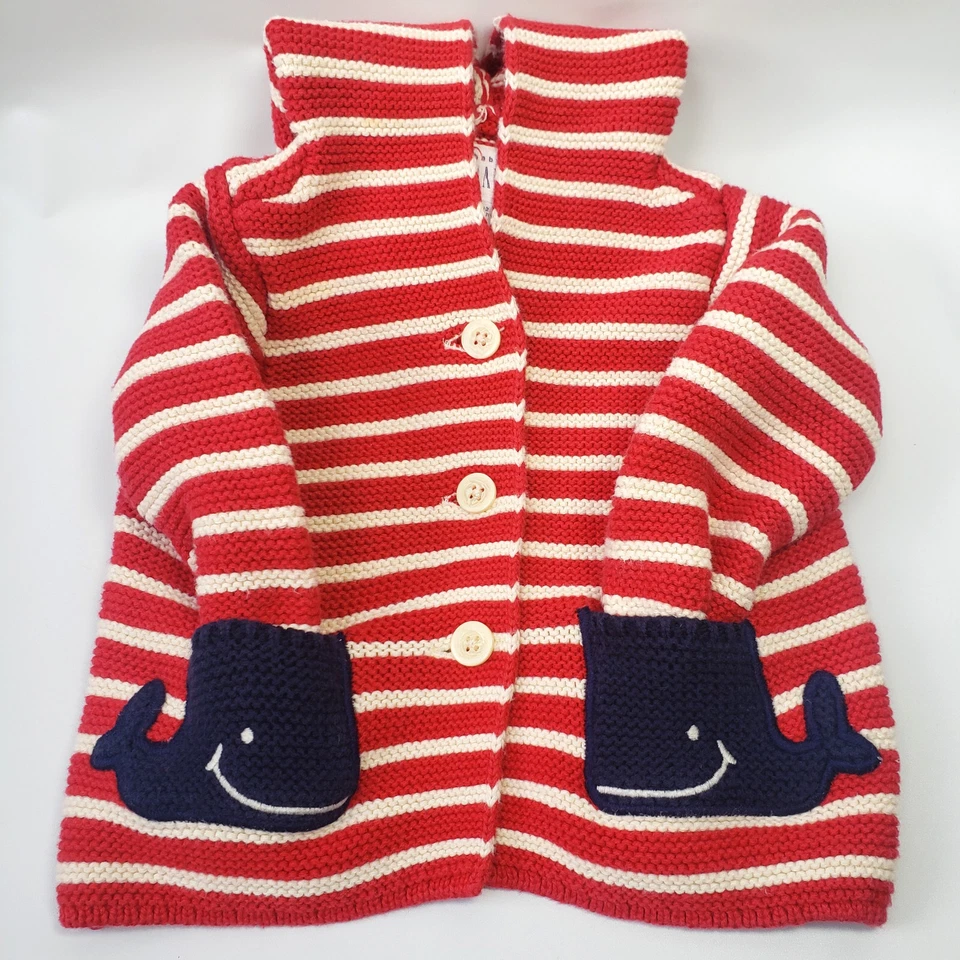 Chaqueta Suéter Tejido Bebé Gap 6-12 Meses Bolsillo Ballena Rojo Blanco Rayas Capucha Oreja Foto 4 de 4