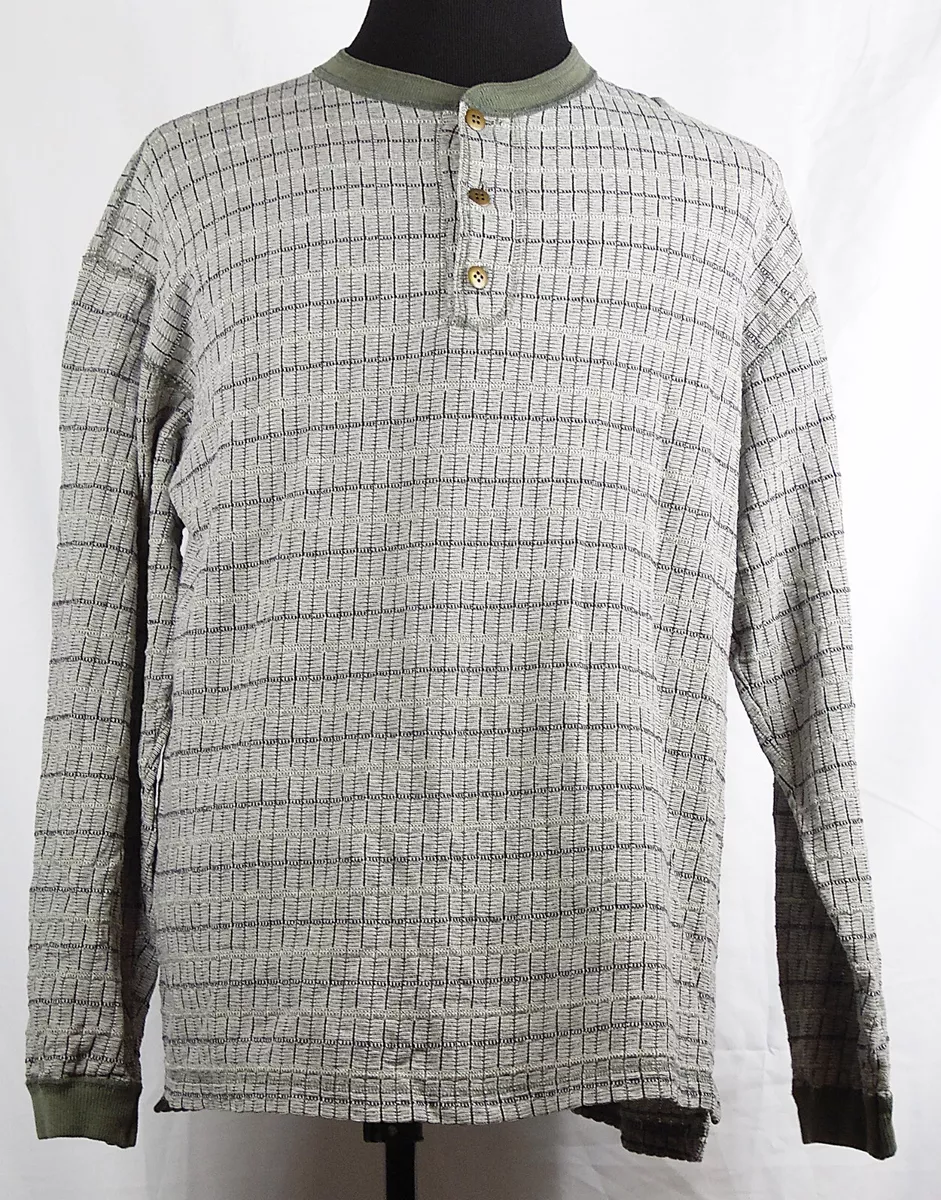 The Territory Ahead Green L S Textured Cotton Mesh Henley T Shirt