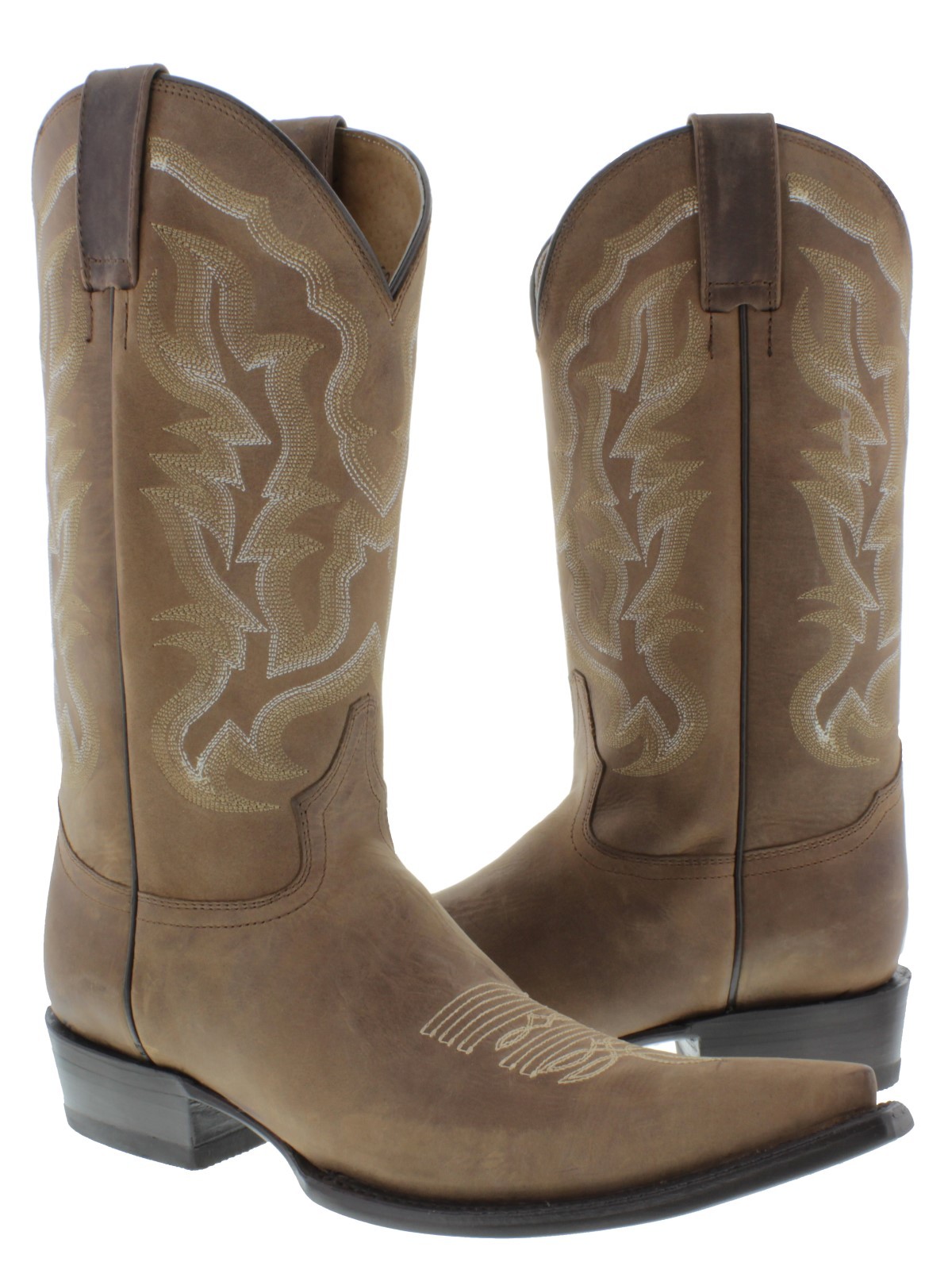 Para hombres Cuero Marrón Claro Liso Clásico Occidental botas De Vaquero bordado 3X del dedo del pie Para hombres Cuero Marrón Claro Liso Clásico Occidental botas De Vaquero bordado 3X del dedo del pie