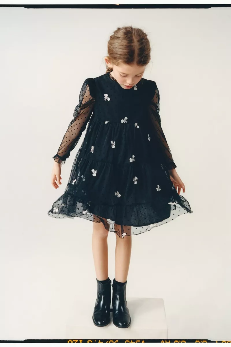 Vestido de tul bordado niñas Zara Kids negro 1821/600 | eBay