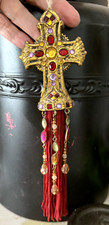 BUY 1-2 Vtg 8.5" GOLD Jeweled CROSS Xmas ORNAMENT Hanging GEMS Tassels BEADS