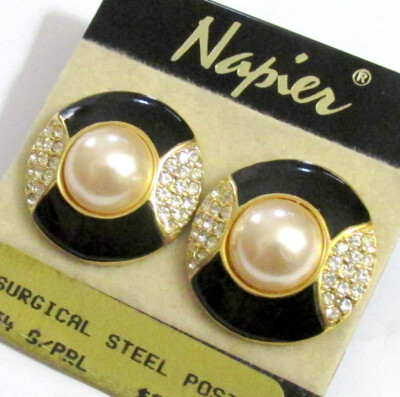 VTG RUNWAY NAPIER DECO FAUX PEARL BLACK ENAMEL PAVE ICE RHINESTONE GP EARRINGS