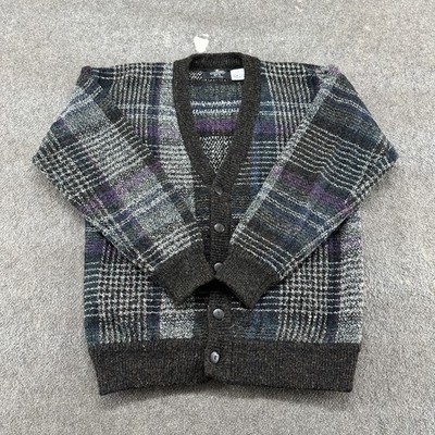 VINTAGE Vittorio Rex Sweater Mens M Black Acrylic Windowpane Cardigan Plaid 90s