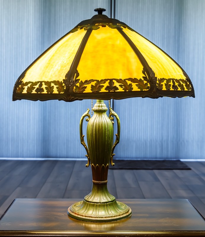 Antique Rainaud Table Lamp with 8 Bent Glass Panels in Metal Floral Shade