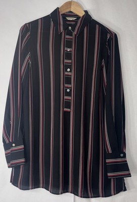 Max Studio Women's Black w/Red White & Tan Stripes Button Down LONG Blouse Top M