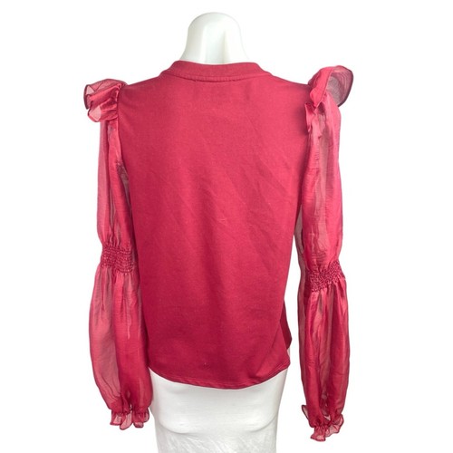 Anthropologie Women's Red Ruffled Long Puff-Sleeve Organza Knit Blouse Top Sz M - Bild 2 von 5