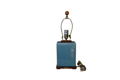 Blue Crackle Glaze Ceramic Table Lamp Wood Base Brass Harp Asian Style Accent
