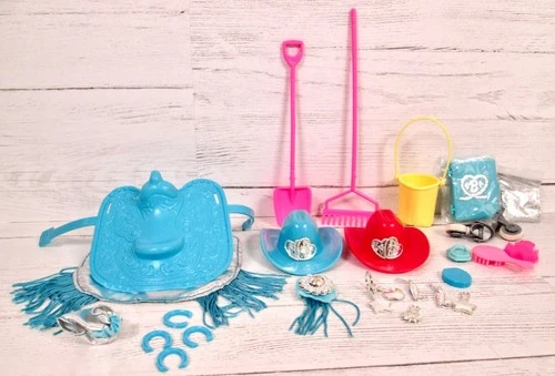 Vintage 90s Barbie Western Stampin Accessory Lot Saddle Hat Earring Horseshoe