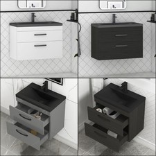 500/600/800mm Wall Hung Vanity Unit Basin 2 Drawer Cabinet Storage Black Handle