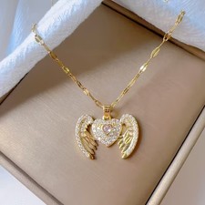 Women's 18K Gold Plated Cubic Zirconia Heart Shaped Wings Pendant Necklace