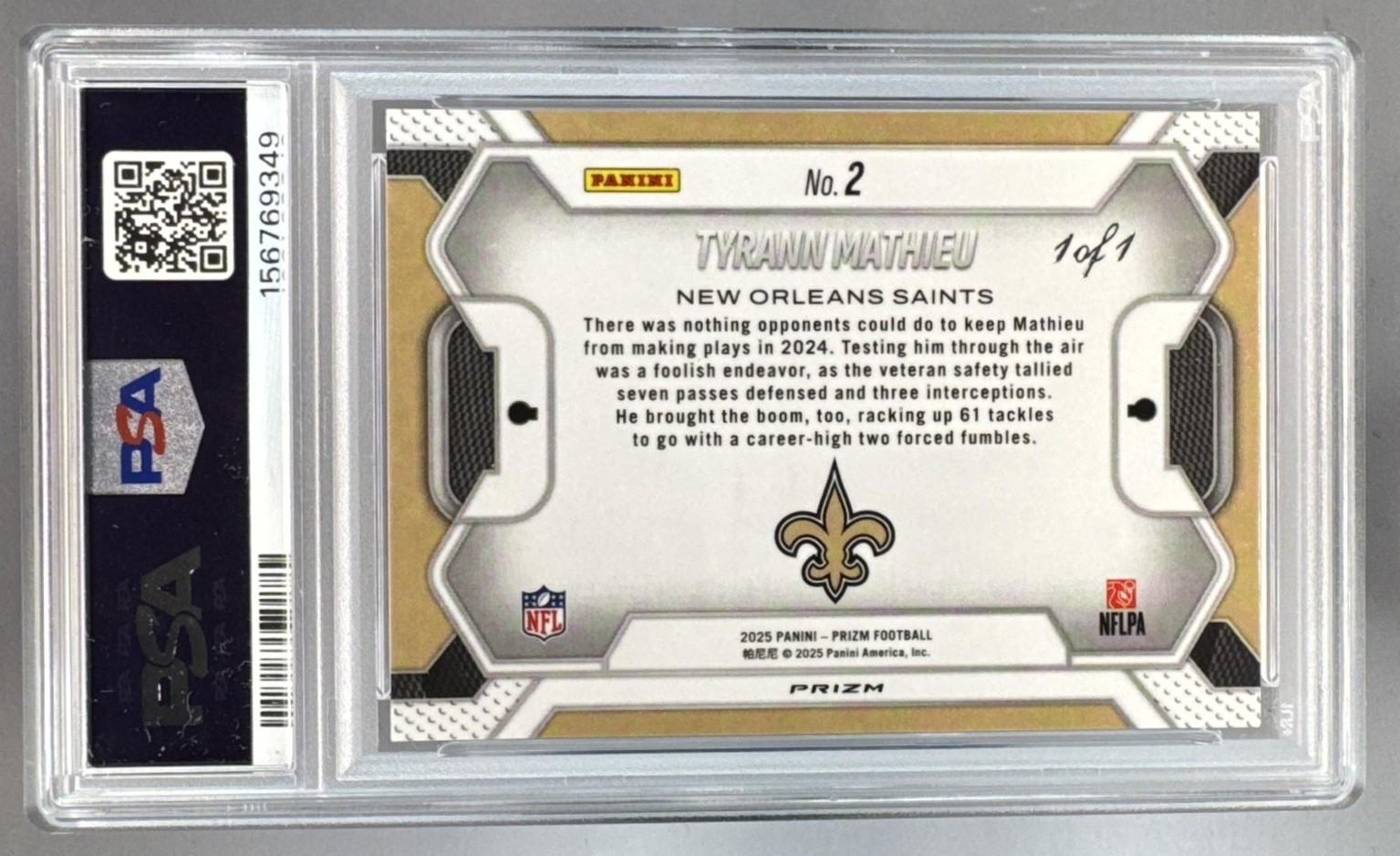 Tyrann Mathieu 2025 Panini Prizm #2 Black Finite Lockdown 1/1 PSA 9 view 2