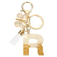 Initial Letter Keychains, Resin Cute Pendant with Butterfly  Tassel, White-R