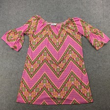 Vintage Christian Caliendo Dress Womens Medium Pink Boho Chevron Bell Sleeve USA