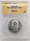 1965 SMS Kennedy Half Dollar  DDO-003,DMR-5 -ANACS MS65 #Z325 Scratches On Case