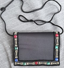Vintage 1980s black satin formal evening bag with colorful plastic beading