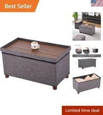 30 Inches Storage Ottoman Bench, Rect Grey, Modern, Classic Style, Linen Fabr...