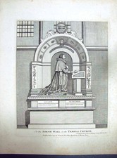 Original Old Antique Print 1794 North Wall Temple Church Monumnt Smith Mays