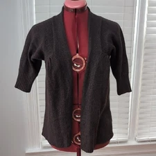 BCBG Chocolate Brown Angora & Wool Blend 1/2 Sleeve Open Front Cardigan Y2K Chic