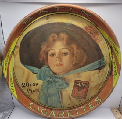 NICE OLD MID 1900s SATIN CIGARETTES TIN SERVING TRAY KANSAS CITY MISSOURI 