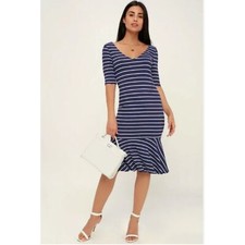 New Lulu's Midi Bodycon Dress Womens Small Blue & White Striped Flare USA Made