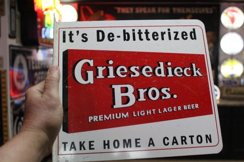 RARE 1950s GRIESEDIECK BROS LIGHT LAGER BEER 2-SIDED PAINTED METAL FLANGE SIGN