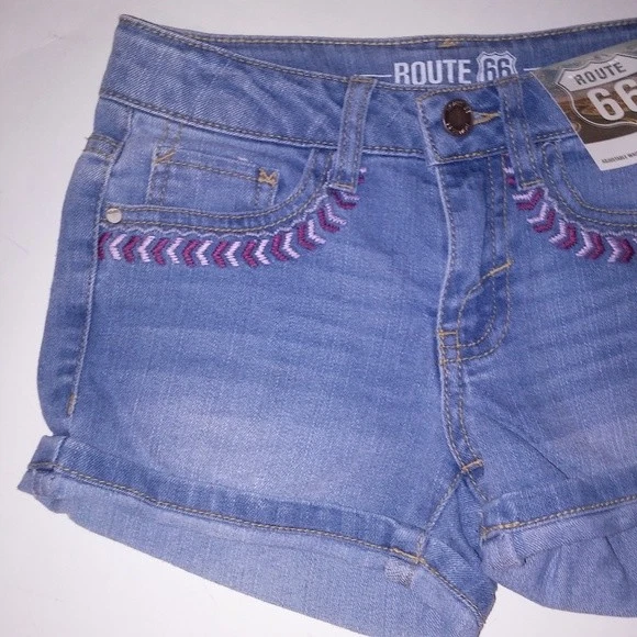 Pantalones Cortos Niñas Route 66 Denim Bordados Cintura Ajustable Foto 2 de 4