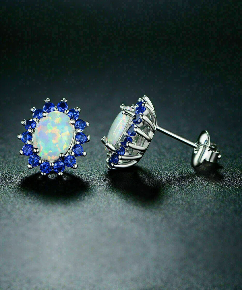 4 克拉椭圆形切割模拟火蛋白石推背耳钉 14k 镀白金 — 第 3/4 张图片