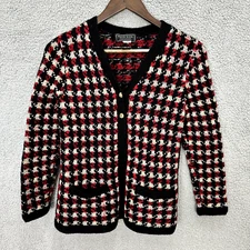 South Wool Cardigan Womens Medium Houndstooth Hand Loomed Wool Vtg Retro Preppy