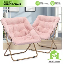 Set of 2 Foldable Soft Faux Fur Saucer Cozy Chair Pink Upholstery Cozy Moon Seat
