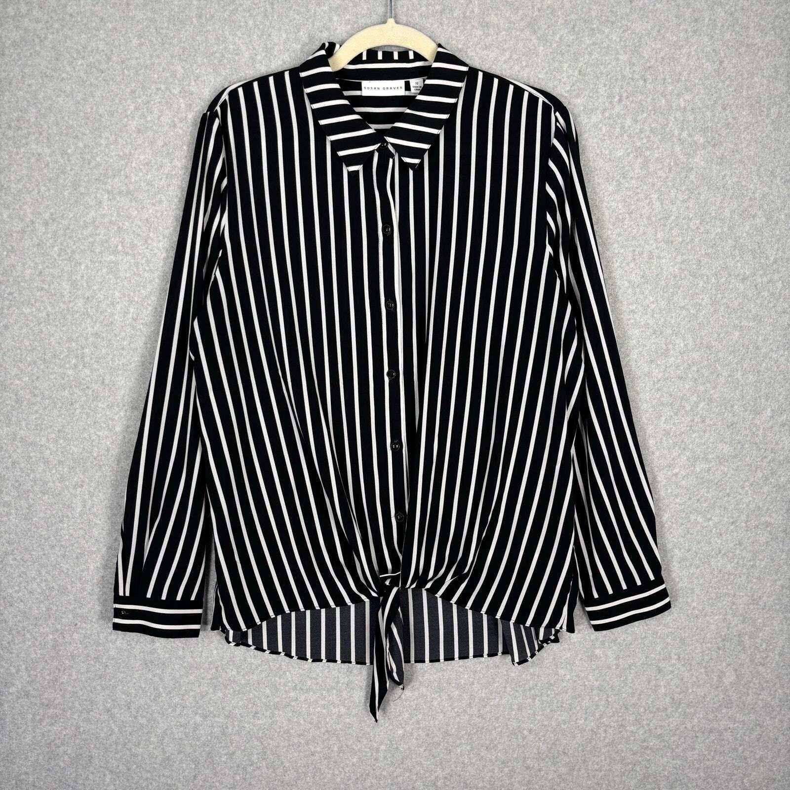 Susan Graver Shirt Women 12 Black White Striped Tie Silky Soft Blouse Top Career