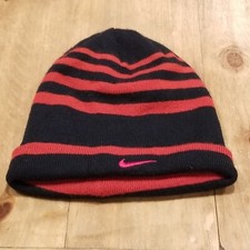 Vintage Nike Beanie Hat Cap Black Red Striped Youth Kids Boys Swoosh