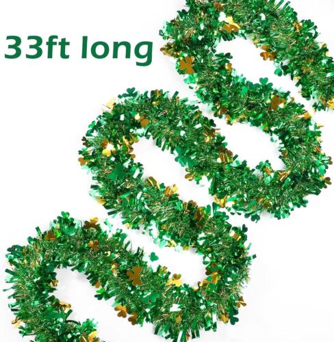 33ft St. Patrick's Day Tinsel Garland with Shamrock Confetti Green Gold Metallic - Picture 2 of 5