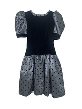 Vintage 80s Victor Costa Velvet Polka Dot Party Dress S/M Drop Waist Formal Prom