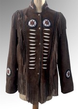Womans Mens Brown Western Native Style Beaded Totem Fringe Suede Jacket Coat
