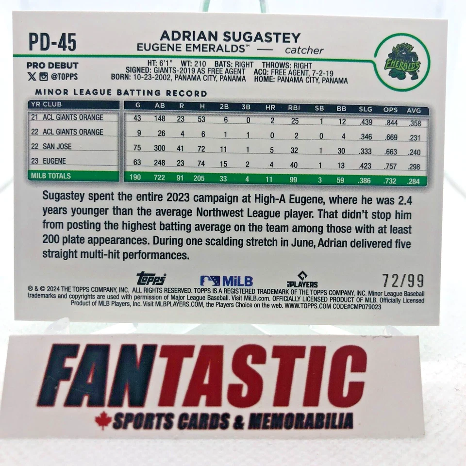 PD-45 Adrian Sugastey Eugene Emeralds GREEN Foil /99 2024 Topps Pro Debut - Image 2 of 2