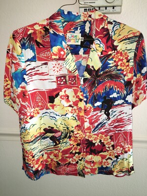 トップス 80s Jams World Rayon Aloha Shirt WOMENS Jams World ORANGE BLUE HAWAIIAN SHIRT RAYON Short Sleeve