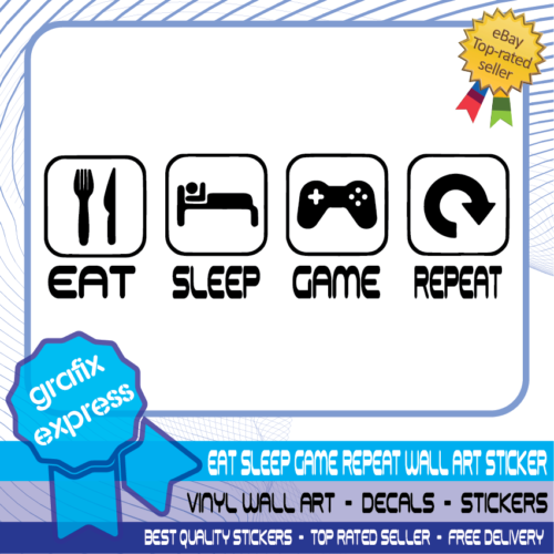Eat Sleep Game Repeat Gamer Wall Art Decals Stickers 15+ Colours Bedroom Vinyl - Picture 3 of 9
