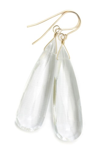 Orecchini Quarzo Trasparente Lunghi Gocce Naturali Sfaccettate a Goccia Oro Sterling 14k 2,3" - Foto 4 di 7