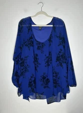 Torrid Floral Print Top Black Bright Blue Chiffon Split Tulip Back Womens Size 3