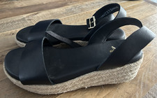 CLARKS BLACK LEATHER RAFFIA WEDGE SANDALS OPEN TOE SIZE UK 5D ANKLE STRAP