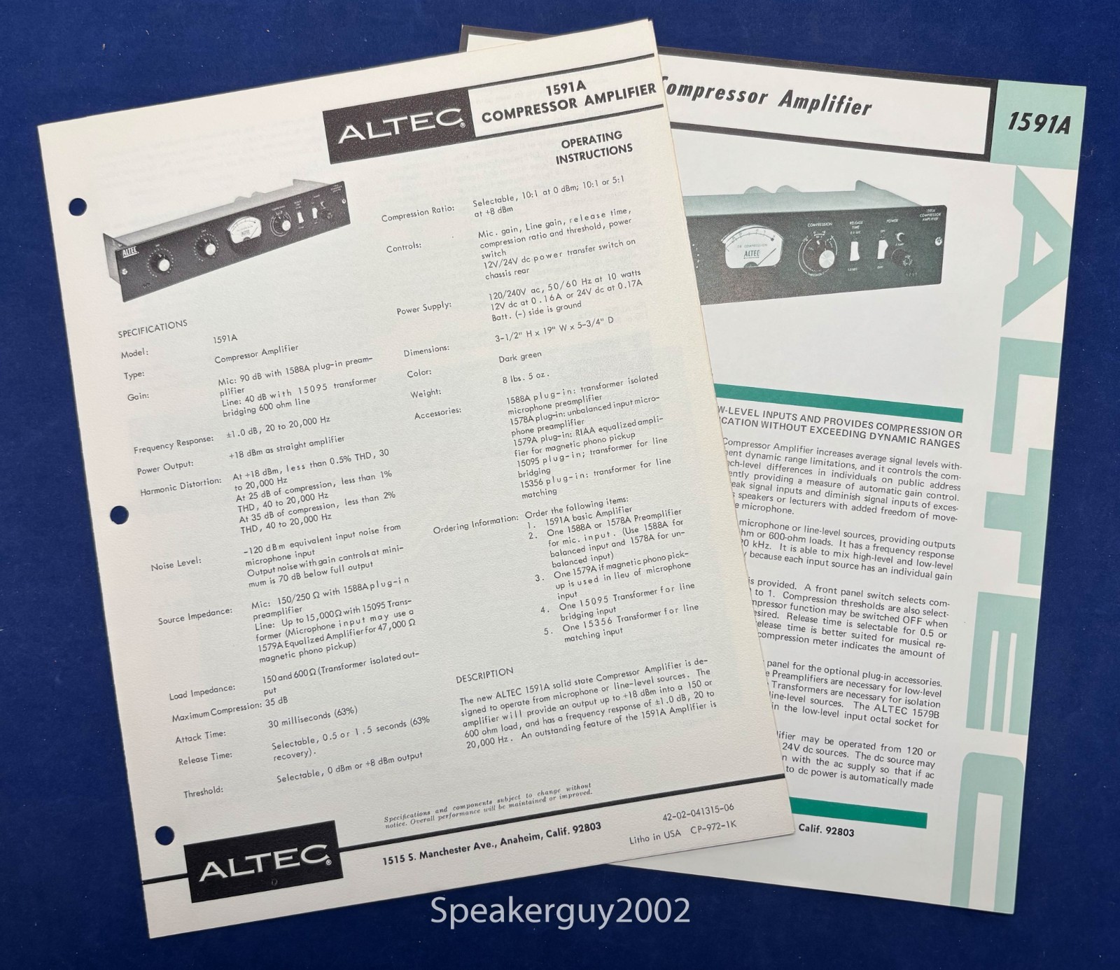 Vintage Altec Operating Instructions & Spec Sheet / 1591A Compressor