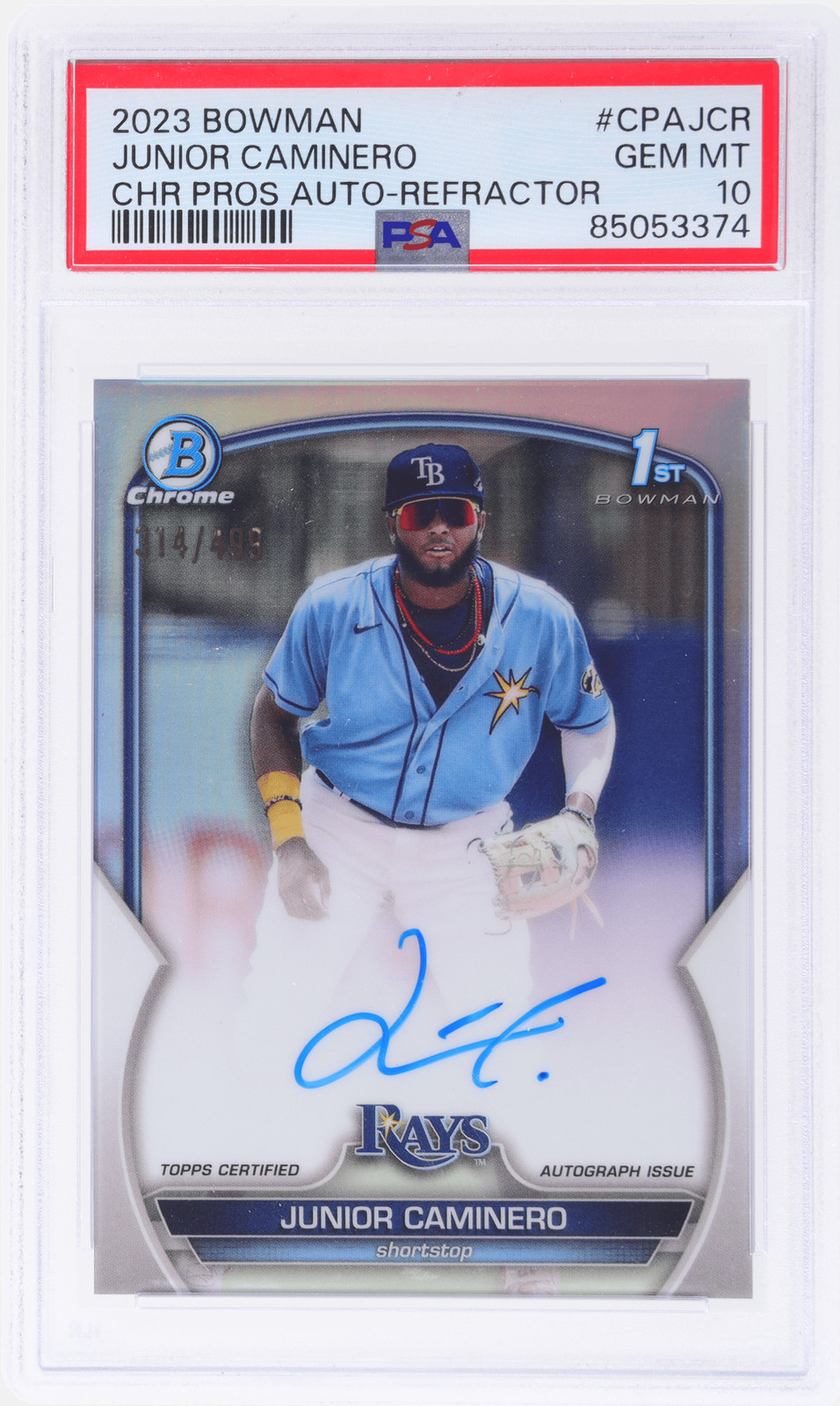 2023 Bowman Chrome Junior Caminero Prospect Auto Refractor #CPAJCR /499 PSA 10