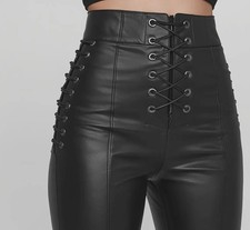 Women  s High Waist Lace-Up Leather Pants  Genuine Lambskin Skinny Fit Trousers